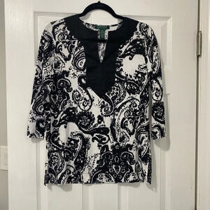 Lauren By Ralph Lauren Black and White top with Black trim scoop neck detail